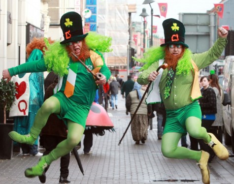 Dancing leprechauns in the streets of Dublin, Ireland.