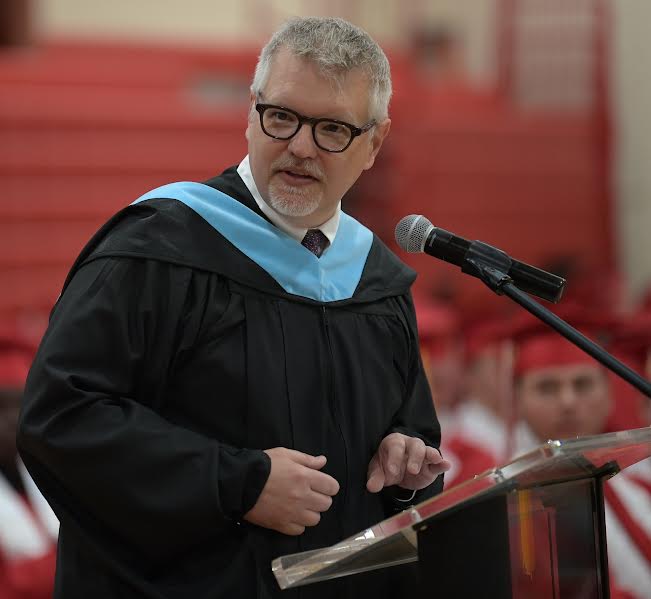 SOUTH PORTLAND, ME - JUN 04: South Portland High School Principal Scott Tombleson gave remarks to the Class of 2023 during their graduation on Sunday, June 4, 2023. (Staff photo by Cullen McIntyre/Staff Photographer)