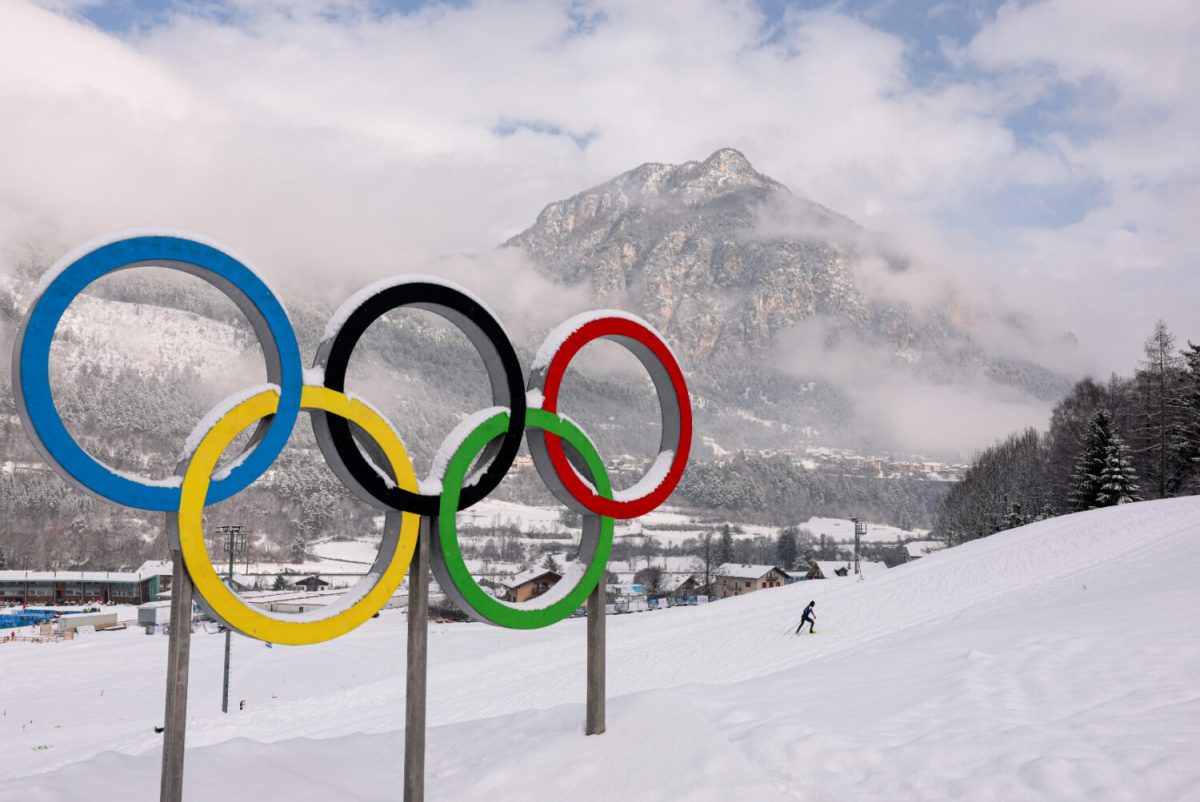 TESERO, ITALY - FEBRUARY 03: Olympic rings at the Tesero Cross-Country Skiing Stadium ahead of the Milano Cortina 2026 Winter Olympics on February 03, 2026 in Tesero, Italy. (Photo by Alex Pantling/Getty Images)
